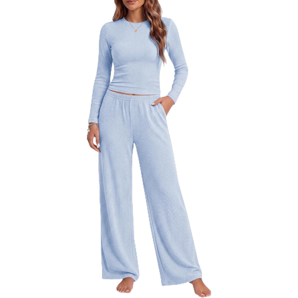 image:imageEkouaer Pajamas for Women Set Long Sleeve Ribbed Knit Fall Lounge Set Slim Fit Tops and Wide Leg Pants with Pockets Soft Pjs Casual Loungewear 2 Piece Matching SetLight Bule