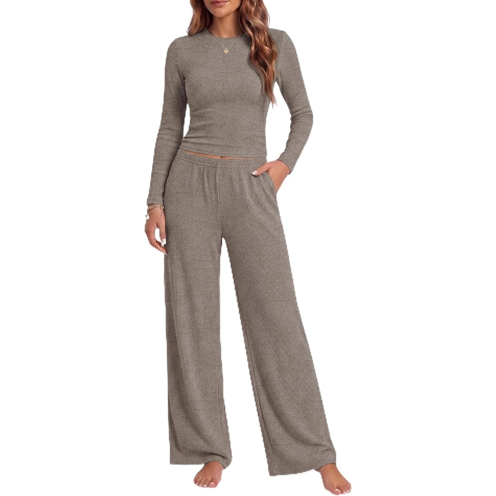 image:imageEkouaer Pajamas for Women Set Long Sleeve Ribbed Knit Fall Lounge Set  Slim Fit Tops and Wide Leg Pants with Pockets Soft Pjs Casual Loungewear 2 Piece Matching SetBrown