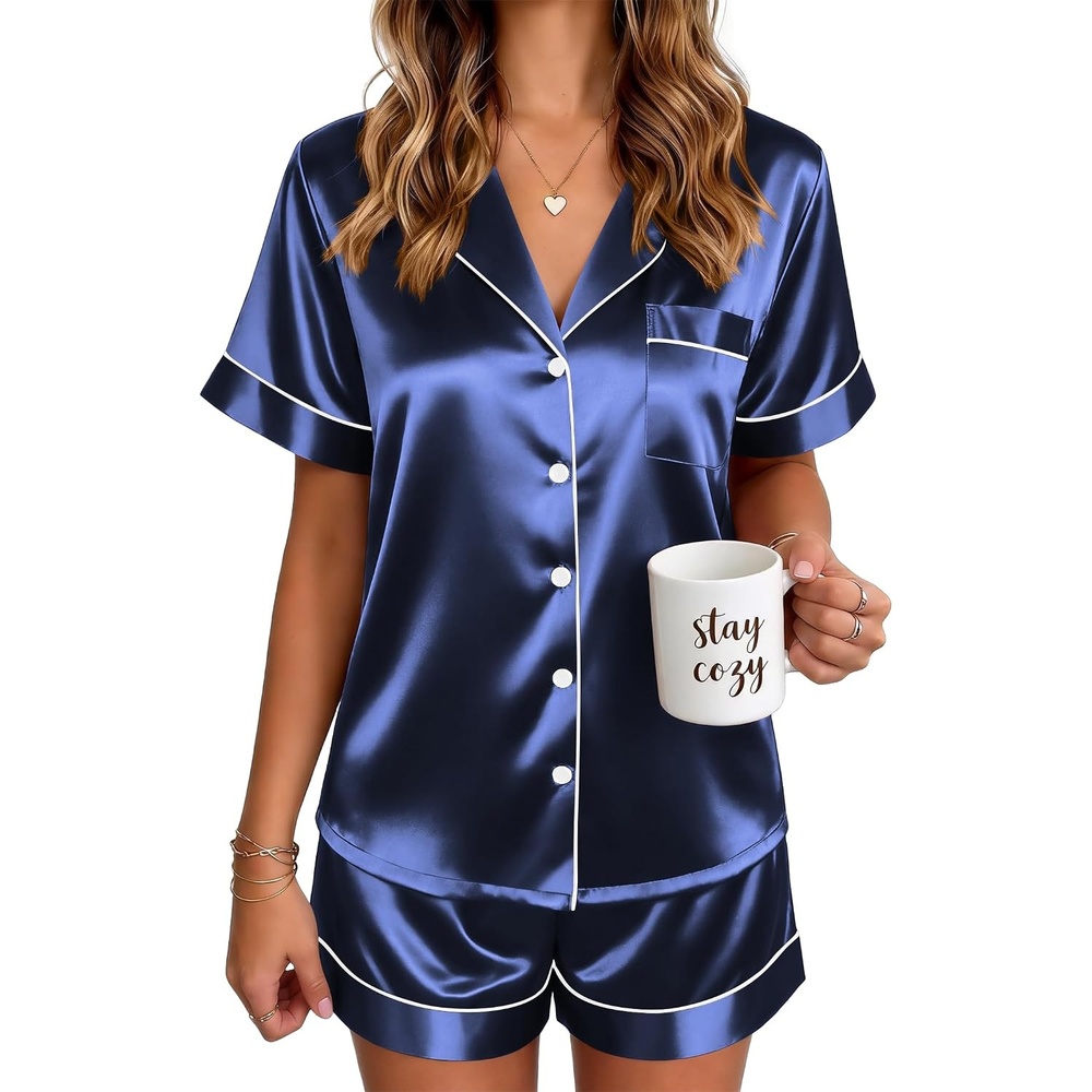 image:imageEkouaer Satin Pajamas for Women Silk Pjs Short Set 2 Piece Lounge Sets Short Sleeve Button Up SleepwearNotch CollarSleepBridalMaternityPostpartumWedding PartyDailyWorking from HomeGiftsNavy