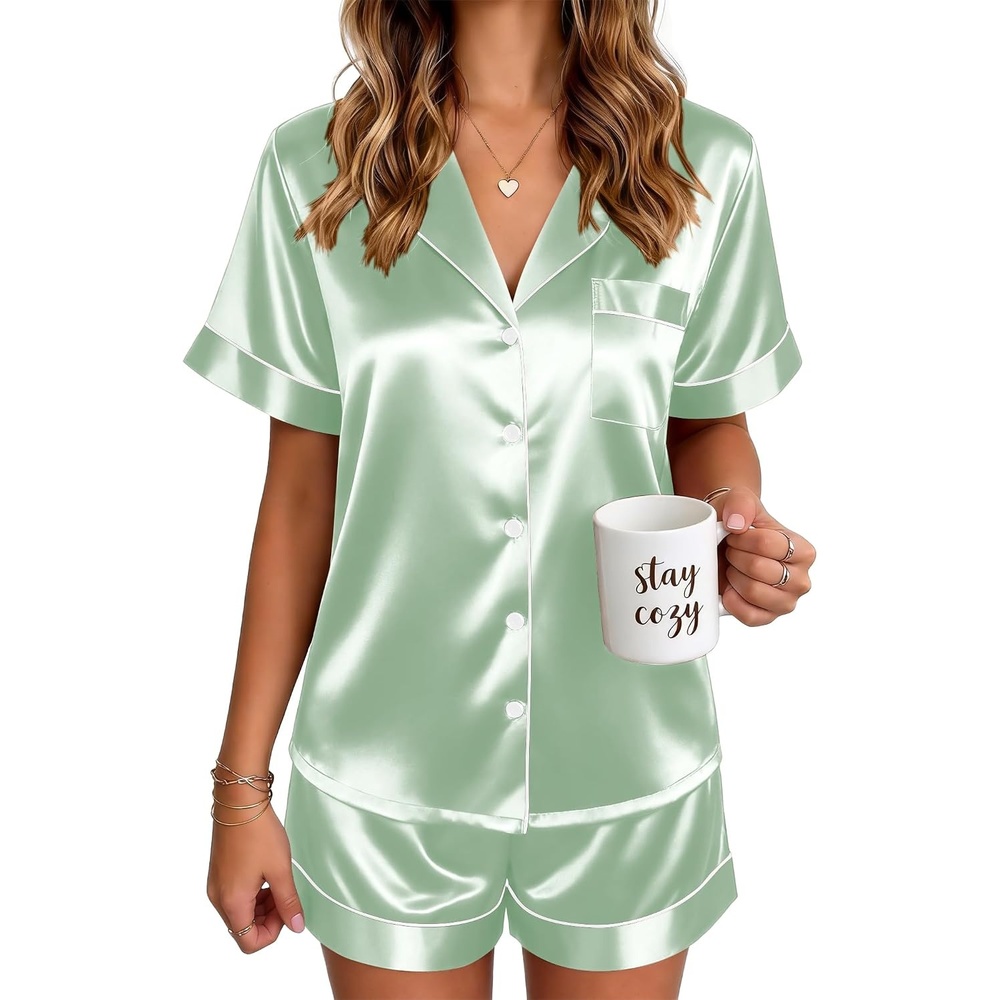image:imageEkouaer Satin Pajamas for Women Silk Pjs Short Set 2 Piece Lounge Sets Short Sleeve Button Up SleepwearNotch CollarSleepBridalMaternityPostpartumWedding PartyDailyWorking from HomeGiftsLight Green