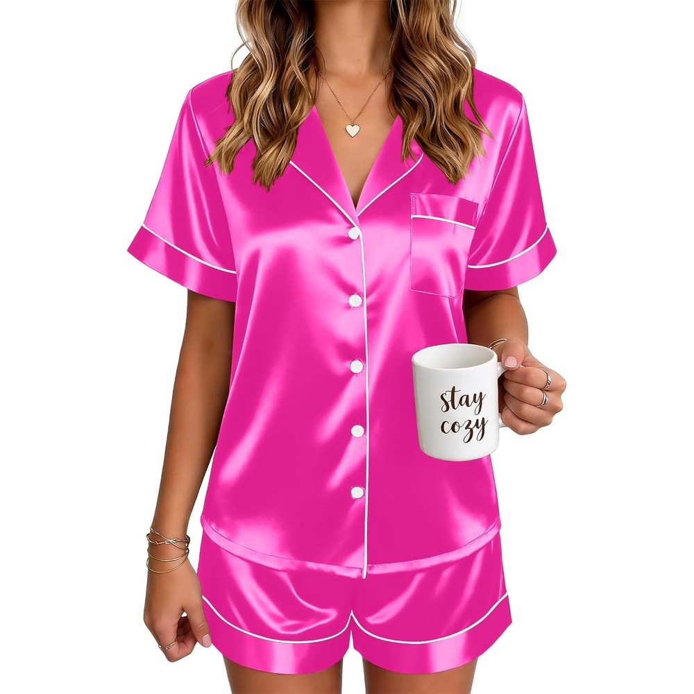 image:imageEkouaer Satin Pajamas for Women Silk Pjs Short Set 2 Piece Lounge Sets Short Sleeve Button Up SleepwearNotch CollarSleepBridalMaternityPostpartumWedding PartyDailyWorking from HomeGiftsRose