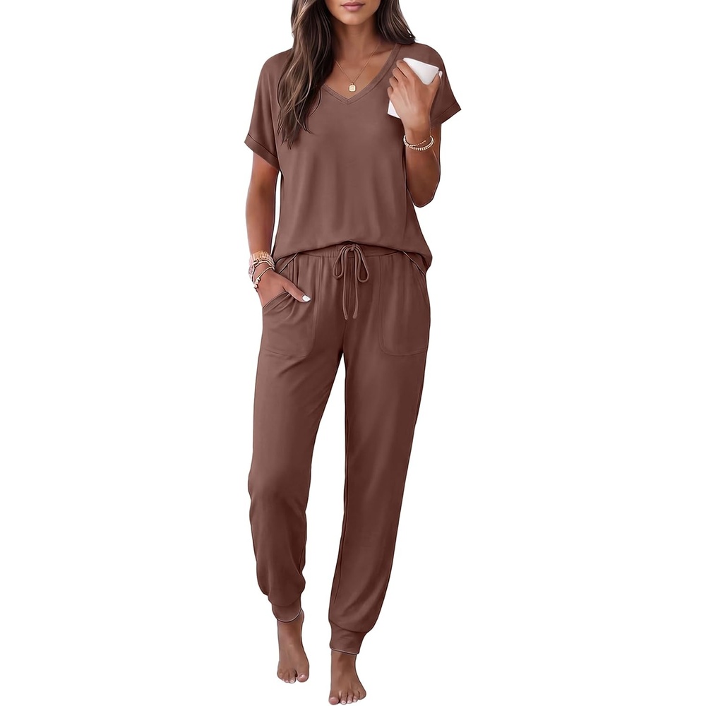 image:imageEkouaer Womens Pajama Sets 2 Piece Lounge Set Short Sleeve Jogger Pants PjsBrown