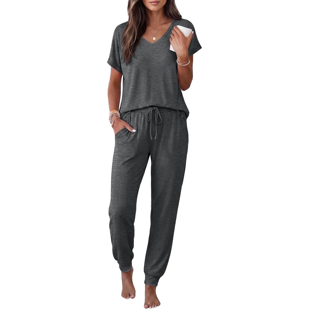 image:imageEkouaer Womens Pajama Sets 2 Piece Lounge Set Short Sleeve Jogger Pants PjsDark Grey