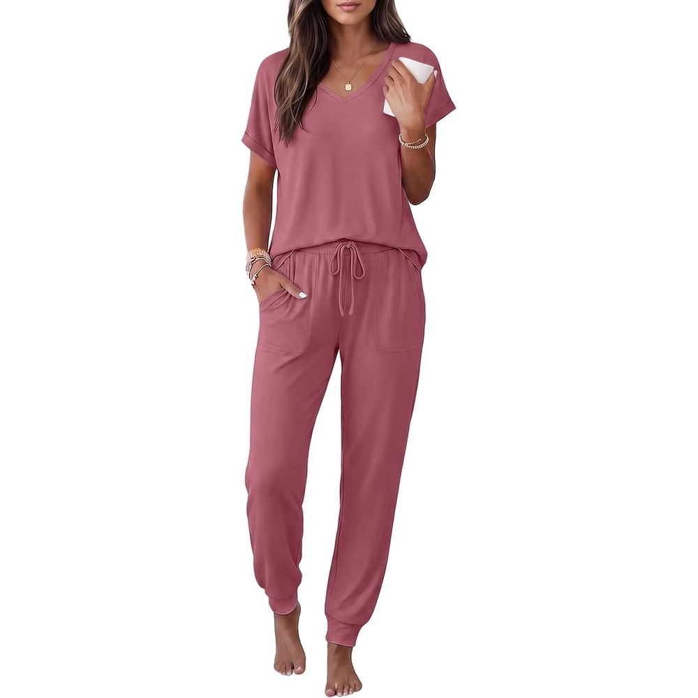 image:imageEkouaer Womens Pajama Sets 2 Piece Lounge Set Short Sleeve Jogger Pants PjsGrey Purple Red