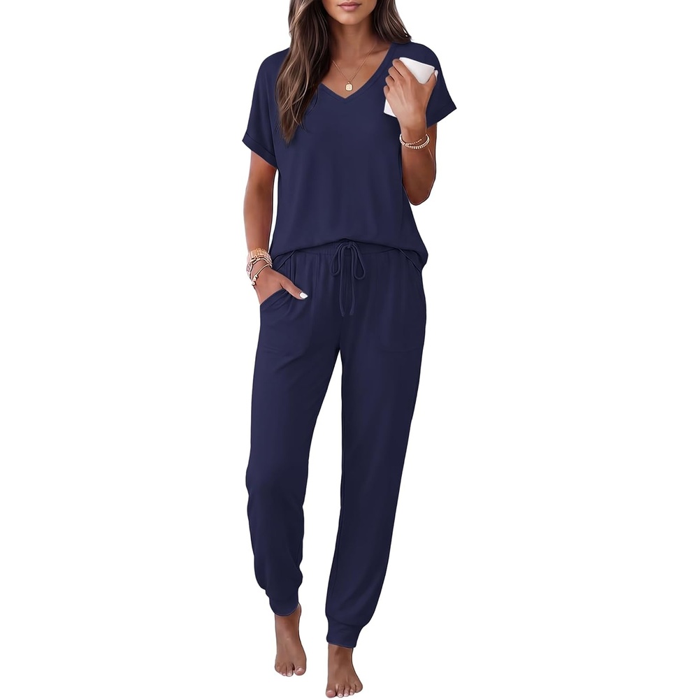 image:imageEkouaer Womens Pajama Sets 2 Piece Lounge Set Short Sleeve Jogger Pants PjsNavy