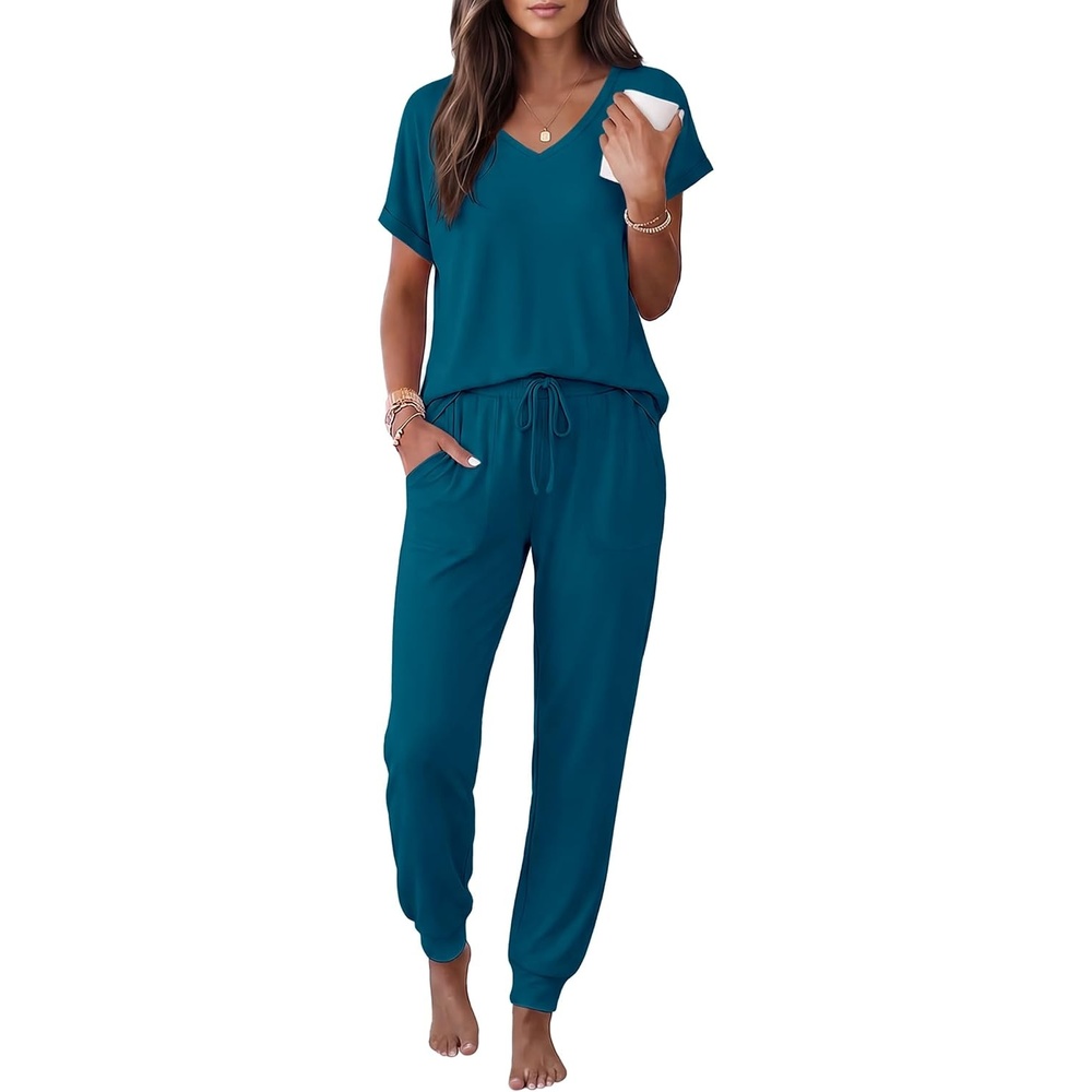 image:imageEkouaer Womens Pajama Sets 2 Piece Lounge Set Short Sleeve Jogger Pants PjsTeal