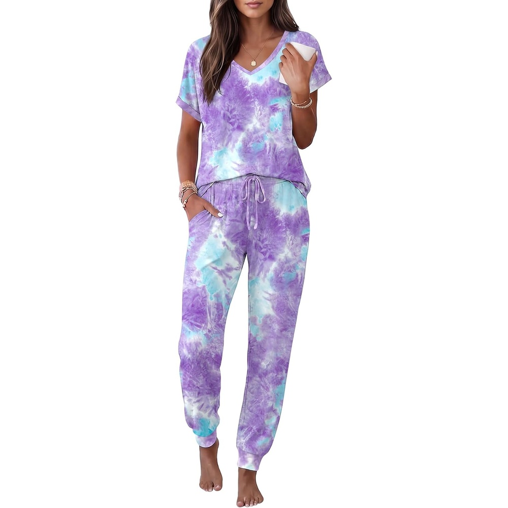 image:imageEkouaer Womens Pajama Sets 2 Piece Lounge Set Short Sleeve Jogger Pants PjsTiedye Purple