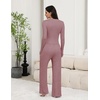 Ekouaer Pajamas for Women Set Long Sleeve Ribbed Knit Fall Lounge Set | Slim Fit Tops and Wide Leg Pants with Pockets, Soft Pjs, Casual Loungewear, 2 Piece Matching Set(Dusty Rose)
