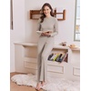 Ekouaer Pajamas for Women Set Long Sleeve Ribbed Knit Fall Lounge Set | Slim Fit Tops and Wide Leg Pants with Pockets, Soft Pjs, Casual Loungewear, 2 Piece Matching Set(Khaki)