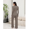 Ekouaer Pajamas for Women Set Long Sleeve Ribbed Knit Fall Lounge Set | Slim Fit Tops and Wide Leg Pants with Pockets, Soft Pjs, Casual Loungewear, 2 Piece Matching Set(Brown)
