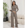 Ekouaer Pajamas for Women Set Long Sleeve Ribbed Knit Fall Lounge Set | Slim Fit Tops and Wide Leg Pants with Pockets, Soft Pjs, Casual Loungewear, 2 Piece Matching Set(Brown)