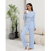 Ekouaer Pajamas for Women Set Long Sleeve Ribbed Knit Fall Lounge Set | Slim Fit Tops and Wide Leg Pants with Pockets, Soft Pjs, Casual Loungewear, 2 Piece Matching Set(Light Bule)