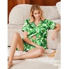 Ekouaer Satin Pajamas for Women Silk Pjs Short Set 2 Piece Lounge Sets | Short Sleeve Button Up Sleepwear,Notch Collar,Sleep,Bridal,Maternity,Postpartum,Wedding Party,Daily,Working from Home,Gifts(Hawaii Green Leaves)