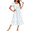 Ekouaer Cotton Long Nightgowns for Women Short Sleeve Night Gown Button House Dress Lace Trim Soft Sleep Shirt(White Blue Floral)