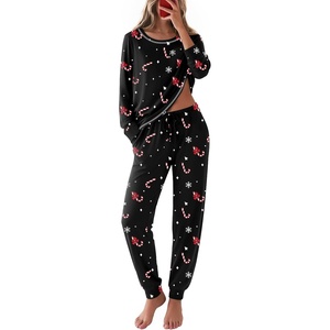 Ekouaer Christmas Pajamas Women Holiday Long Sleeve Sleepwear Lounge Pj Set(Christmas Black Candy Canes)