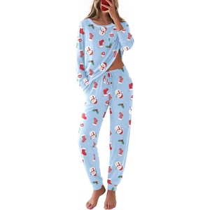 Ekouaer Christmas Pajamas Women Holiday Long Sleeve Sleepwear Lounge Pj Set(Christmas Light Blue Snowman)