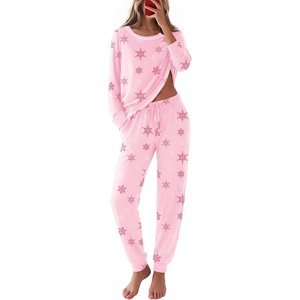 Ekouaer Christmas Pajamas Women Holiday Long Sleeve Sleepwear Lounge Pj Set(Christmas Pink Snowflakes)