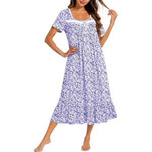Ekouaer Cotton Long Nightgowns for Women Short Sleeve Night Gown Button House Dress Lace Trim Soft Sleep Shirt(Purple Floral)