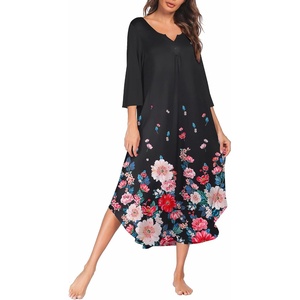 Ekouaer Long Nightgowns for Women Plus Size 3/4 Sleeve Night Gown | Winter Nightgown V Neck Sleepshirts Womens House Dress Maxi Night Shirts Soft Moo Moos for Women Full Length Lounge Dress(Black Little Flowers)