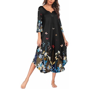 Ekouaer Long Nightgowns for Women Plus Size 3/4 Sleeve Night Gown | Winter Nightgown V Neck Sleepshirts Womens House Dress Maxi Night Shirts Soft Moo Moos for Women Full Length Lounge Dress(Black Floral)