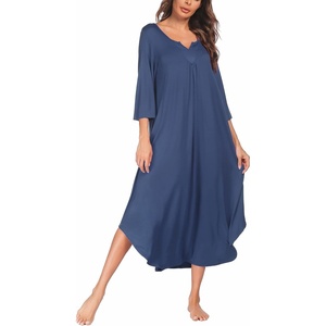 Ekouaer Long Nightgowns for Women Plus Size 3/4 Sleeve Night Gown | Winter Nightgown V Neck Sleepshirts Womens House Dress Maxi Night Shirts Soft Moo Moos for Women Full Length Lounge Dress(Navy Blue)