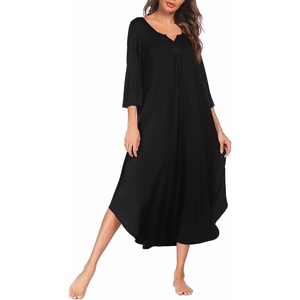 Ekouaer Long Nightgowns for Women Plus Size 3/4 Sleeve Night Gown | Winter Nightgown V Neck Sleepshirts Womens House Dress Maxi Night Shirts Soft Moo Moos for Women Full Length Lounge Dress(Black)