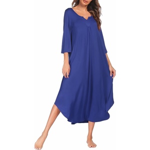 Ekouaer Long Nightgowns for Women Plus Size 3/4 Sleeve Night Gown | Winter Nightgown V Neck Sleepshirts Womens House Dress Maxi Night Shirts Soft Moo Moos for Women Full Length Lounge Dress(Blue)