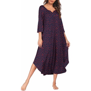 Ekouaer Long Nightgowns for Women Plus Size 3/4 Sleeve Night Gown | Winter Nightgown V Neck Sleepshirts Womens House Dress Maxi Night Shirts Soft Moo Moos for Women Full Length Lounge Dress(Blue Red Floral)