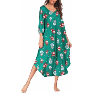 Ekouaer Long Nightgowns for Women Plus Size 3/4 Sleeve Night Gown | Winter Nightgown V Neck Sleepshirts Womens House Dress Maxi Night Shirts Soft Moo Moos for Women Full Length Lounge Dress(Christmas Green)