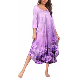 Ekouaer Long Nightgowns for Women Plus Size 3/4 Sleeve Night Gown | Winter Nightgown V Neck Sleepshirts Womens House Dress Maxi Night Shirts Soft Moo Moos for Women Full Length Lounge Dress(Light Purple Flower)