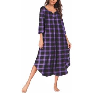 Ekouaer Long Nightgowns for Women Plus Size 3/4 Sleeve Night Gown | Winter Nightgown V Neck Sleepshirts Womens House Dress Maxi Night Shirts Soft Moo Moos for Women Full Length Lounge Dress(Purple Plaid)