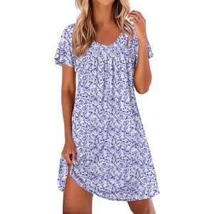 Ekouaer Nightgowns for Women Short Sleeve Sleep Shirts Pleated Night Dress V Neck Night Shirts Soft House Dress(Purple Speckle)