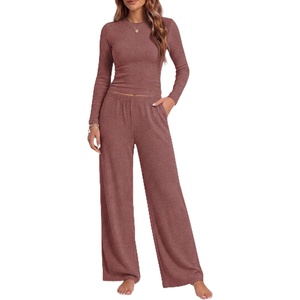 Ekouaer Pajamas for Women Set Long Sleeve Ribbed Knit Fall Lounge Set | Slim Fit Tops and Wide Leg Pants with Pockets, Soft Pjs, Casual Loungewear, 2 Piece Matching Set(Dark Red)
