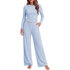 Ekouaer Pajamas for Women Set Long Sleeve Ribbed Knit Fall Lounge Set | Slim Fit Tops and Wide Leg Pants with Pockets, Soft Pjs, Casual Loungewear, 2 Piece Matching Set(Light Bule)