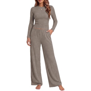 Ekouaer Pajamas for Women Set Long Sleeve Ribbed Knit Fall Lounge Set | Slim Fit Tops and Wide Leg Pants with Pockets, Soft Pjs, Casual Loungewear, 2 Piece Matching Set(Brown)