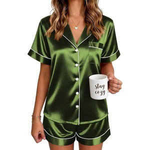 Ekouaer Satin Pajamas for Women Silk Pjs Short Set 2 Piece Lounge Sets | Short Sleeve Button Up Sleepwear,Notch Collar,Sleep,Bridal,Maternity,Postpartum,Wedding Party,Daily,Working from Home,Gifts(Dark Army Green)