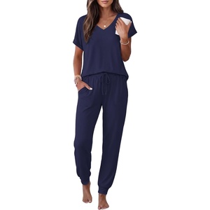 Ekouaer Womens Pajama Sets 2 Piece Lounge Set Short Sleeve Jogger Pants Pjs(Navy)