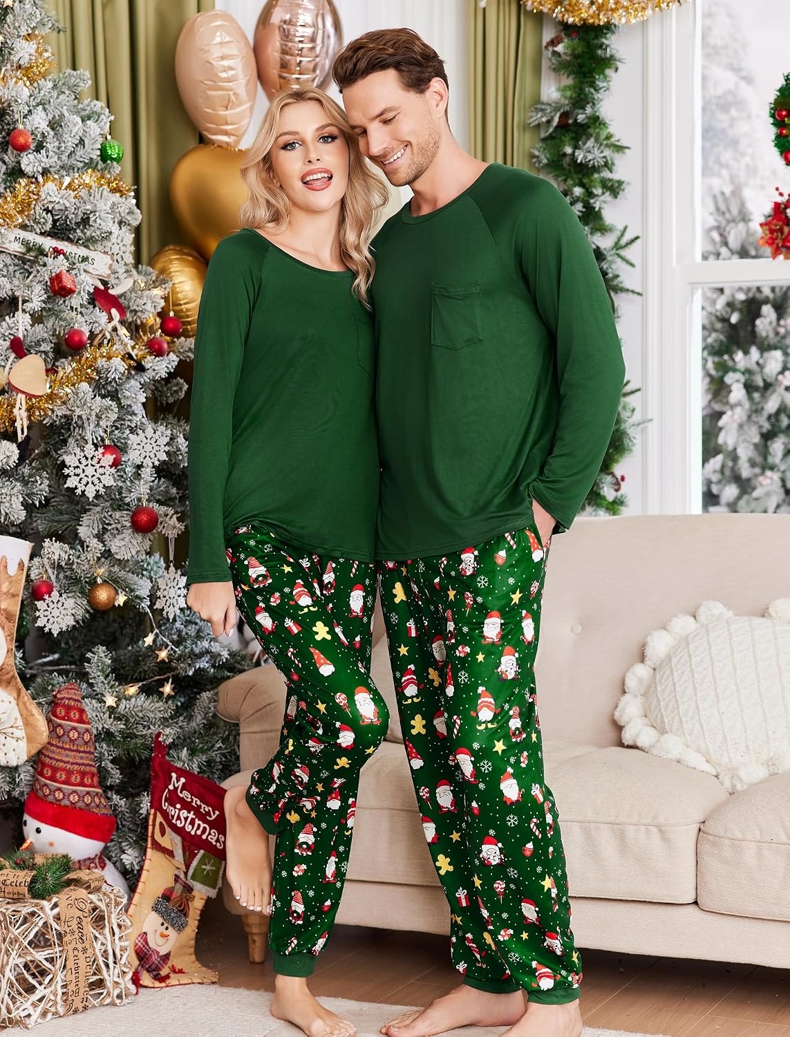 image:imageEkouaer Family Matching Pajamas Christmas Sleepwear Long Sleeve Pjs SetChristmas Green Print