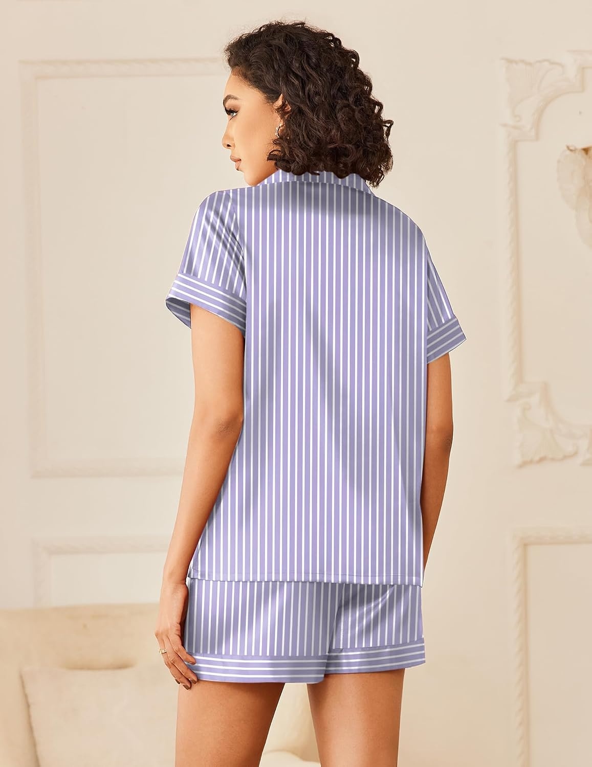 image:imageEkouaer Silk Pajamas for Women Short Sleeve Button Down Satin Pj Shorts SetPurple Striped