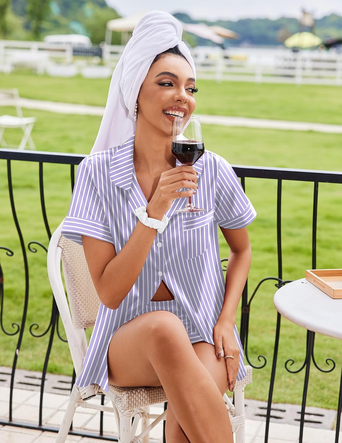image:imageEkouaer Silk Pajamas for Women Short Sleeve Button Down Satin Pj Shorts SetPurple Striped