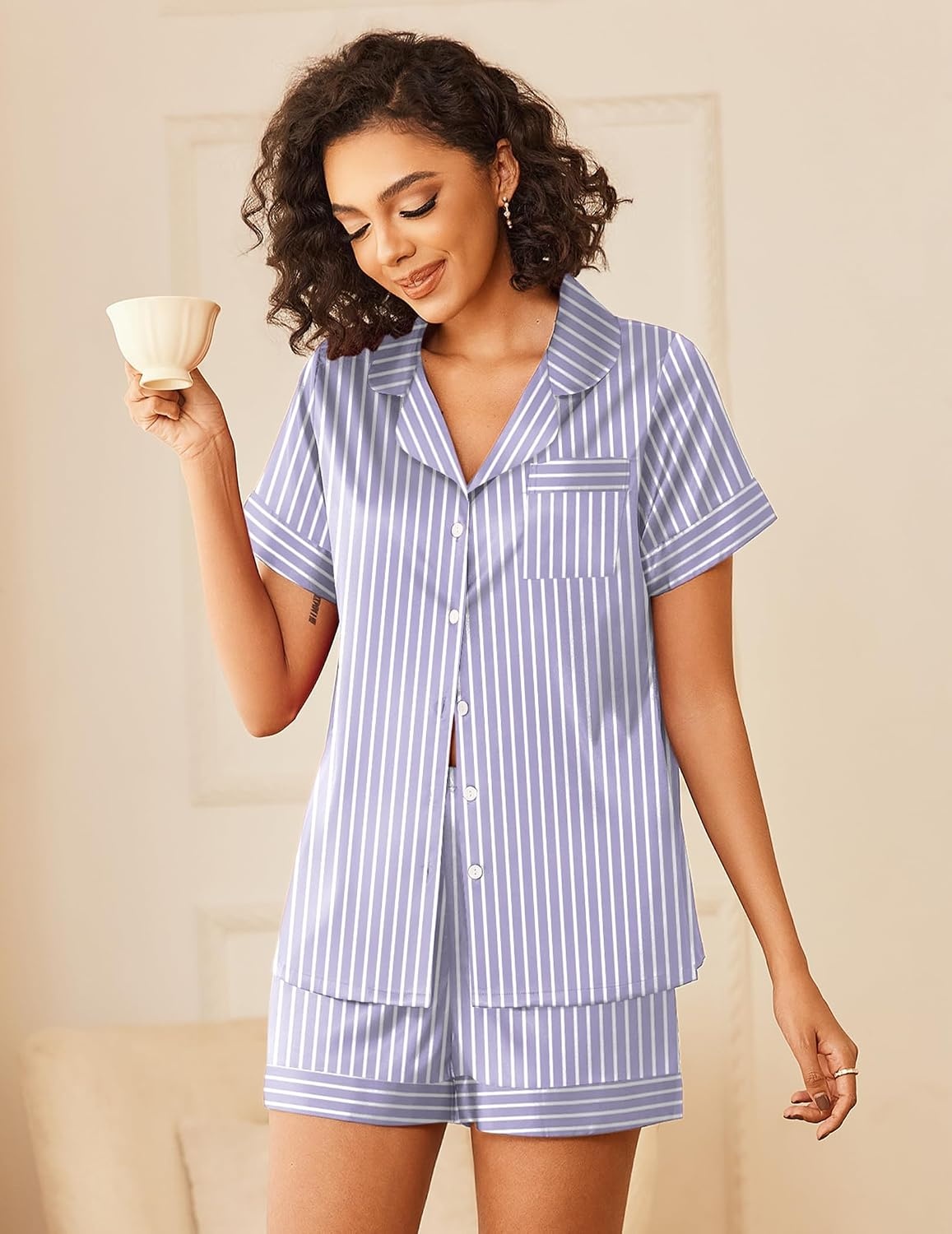 image:imageEkouaer Silk Pajamas for Women Short Sleeve Button Down Satin Pj Shorts SetPurple Striped