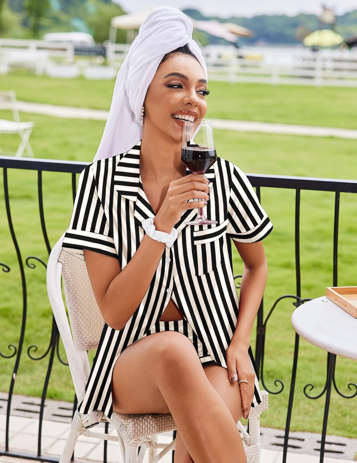 image:imageEkouaer Silk Pajamas for Women Short Sleeve Button Down Satin Pj Shorts SetStripedblack