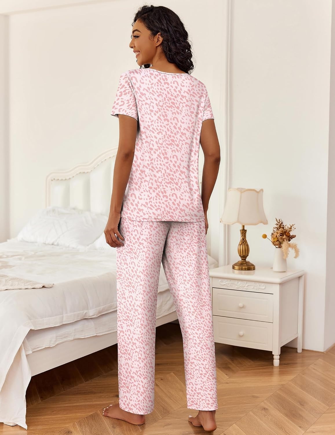 image:imageEkouaer 2 Piece Womens Pajamas Set Short Sleeve Pjs Print Pants Lounge SetA Rose Pink Leopard