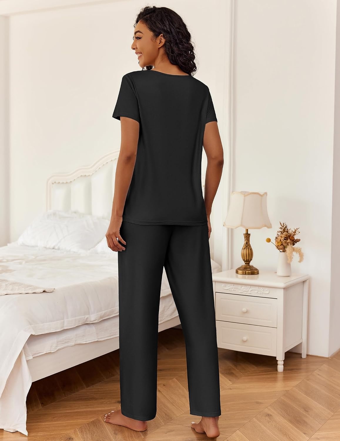 image:imageEkouaer 2 Piece Womens Pajamas Set Short Sleeve Pjs Print Pants Lounge SetBlack