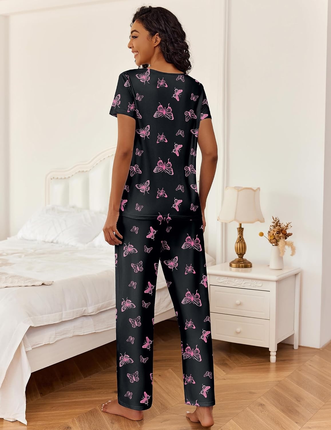 image:imageEkouaer 2 Piece Womens Pajamas Set Short Sleeve Pjs Print Pants Lounge SetBlack Butterfly