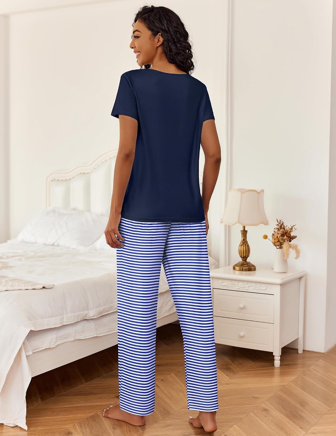 image:imageEkouaer 2 Piece Womens Pajamas Set Short Sleeve Pjs Print Pants Lounge SetBlue Stripe