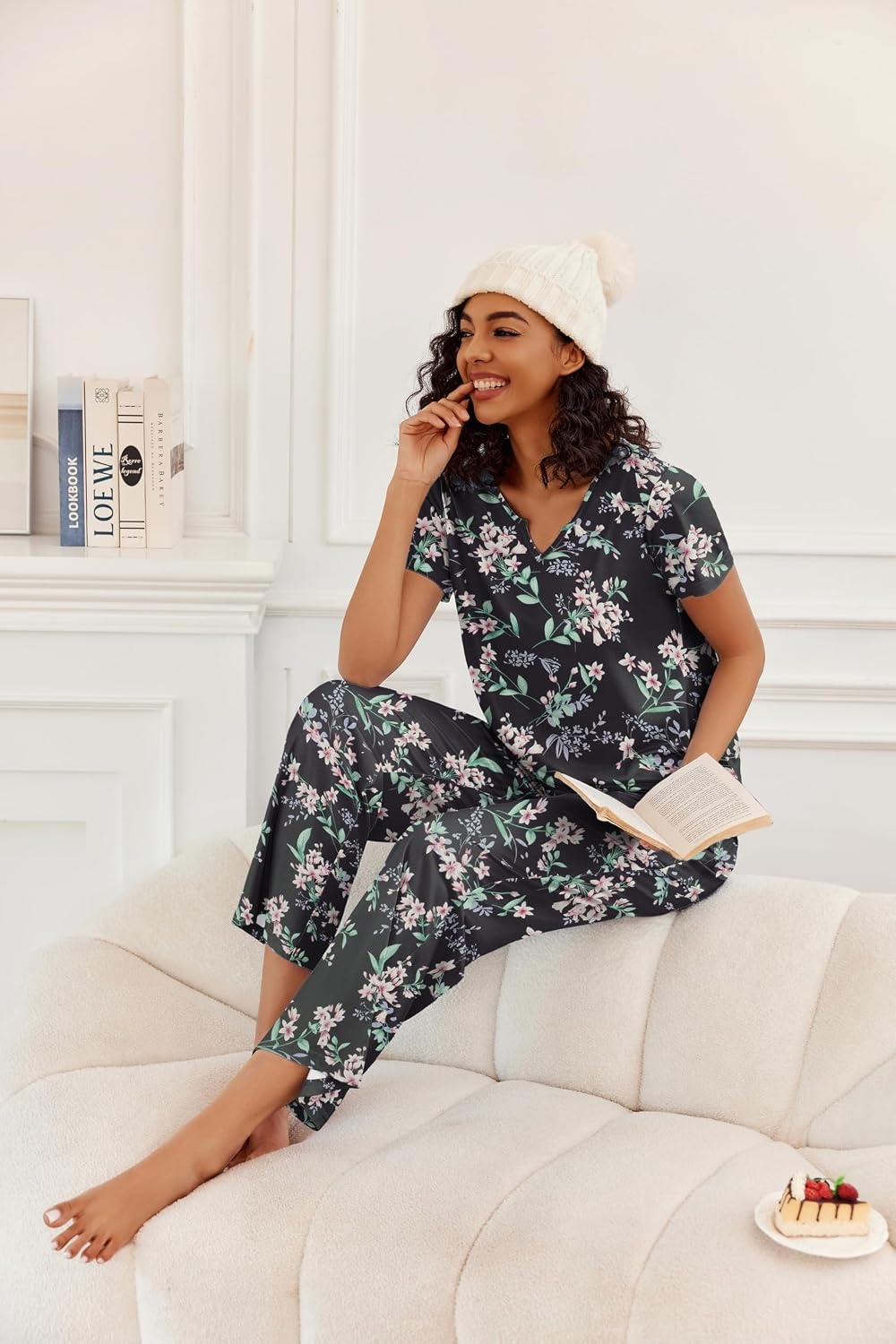 image:imageEkouaer 2 Piece Womens Pajamas Set Short Sleeve Pjs Print Pants Lounge SetFlowers Black