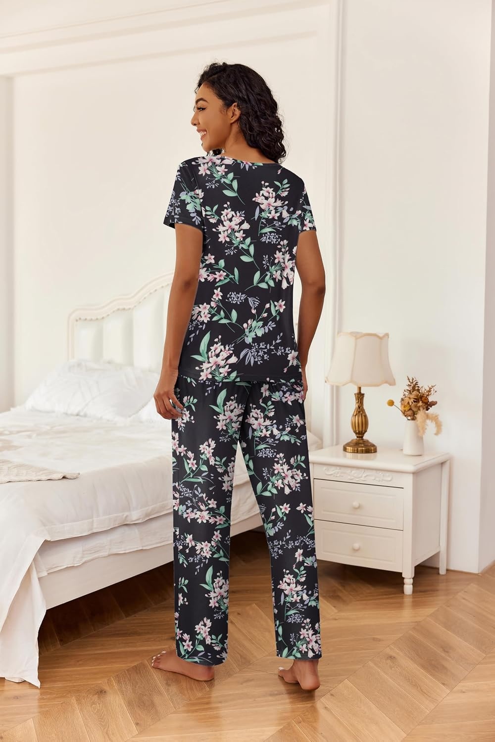 image:imageEkouaer 2 Piece Womens Pajamas Set Short Sleeve Pjs Print Pants Lounge SetFlowers Black