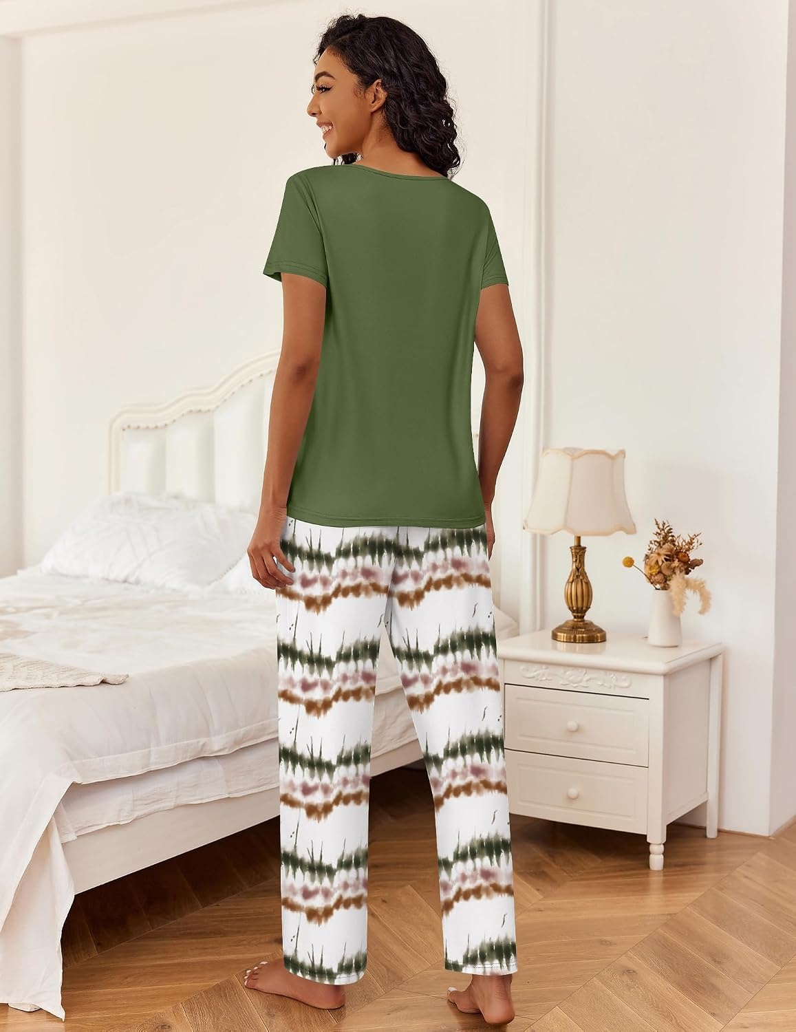 image:imageEkouaer 2 Piece Womens Pajamas Set Short Sleeve Pjs Print Pants Lounge SetGreen Tiedye