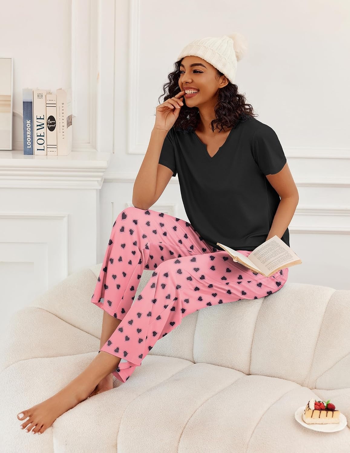 image:imageEkouaer 2 Piece Womens Pajamas Set Short Sleeve Pjs Print Pants Lounge SetPink Heart